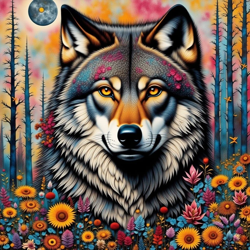 Textured Mixed Media Collage Wolf Art