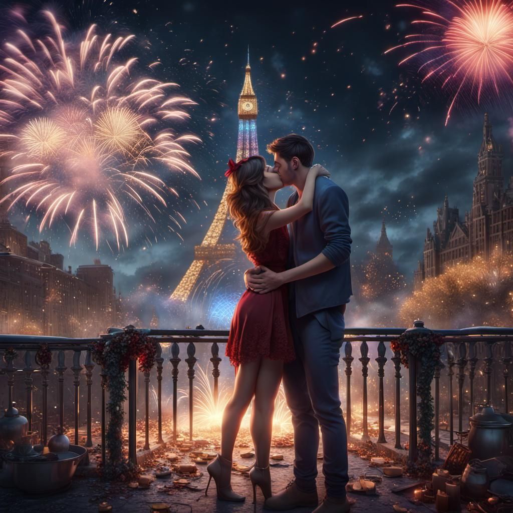 New Year's Kiss at Midnight Fireworks Display