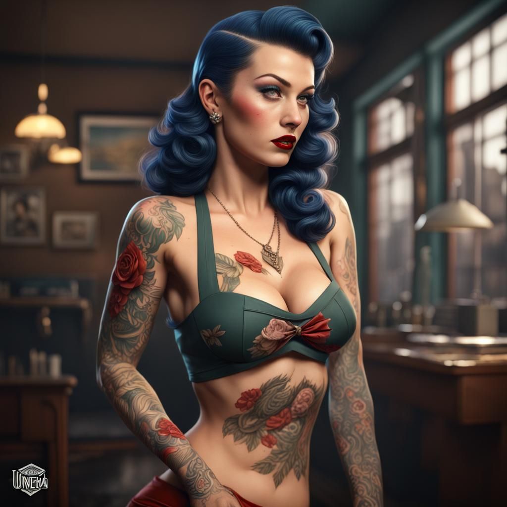 Hyperrealistic 1940s Tattooed Pinup Girl Art