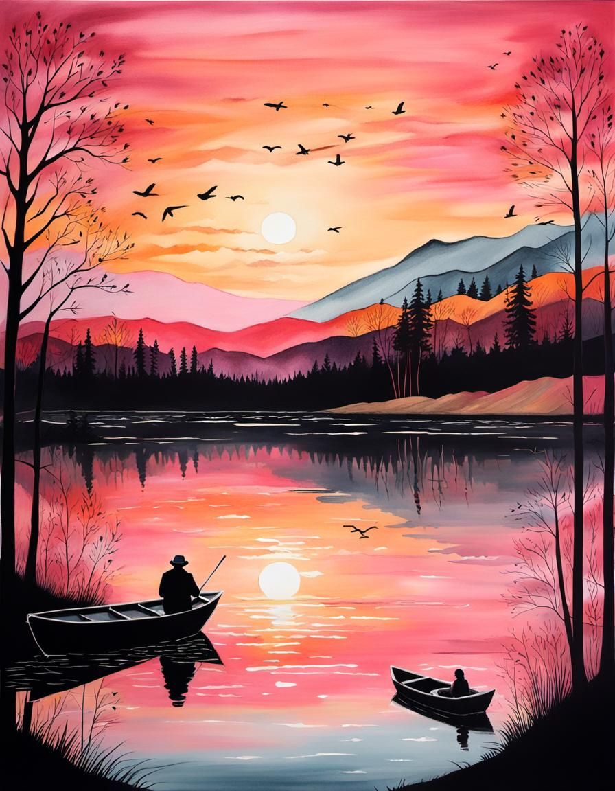 Sunset Over Lake: Gouache and Pen Landscape