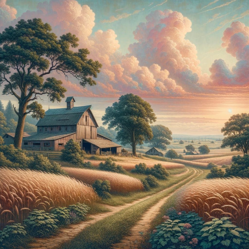 Nostalgic Rural Landscape at Pastel Sunset