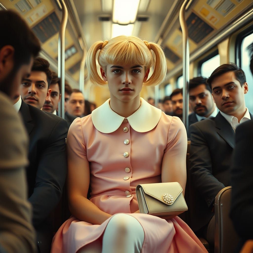 Young Man in Girly Dress on Crowded Train