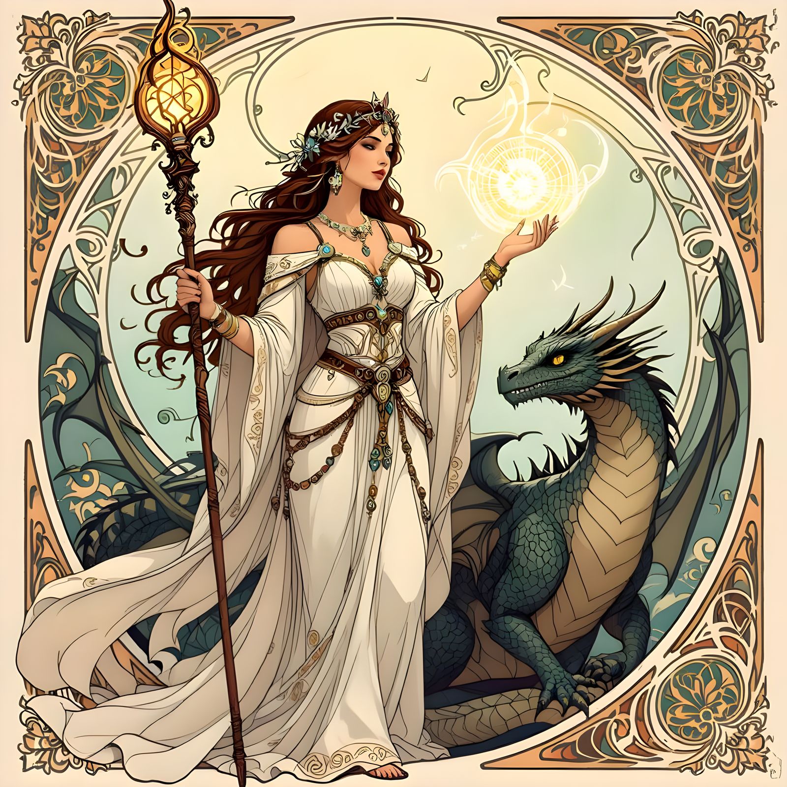 Art Nouveau Female Wizard and Dragon Companion