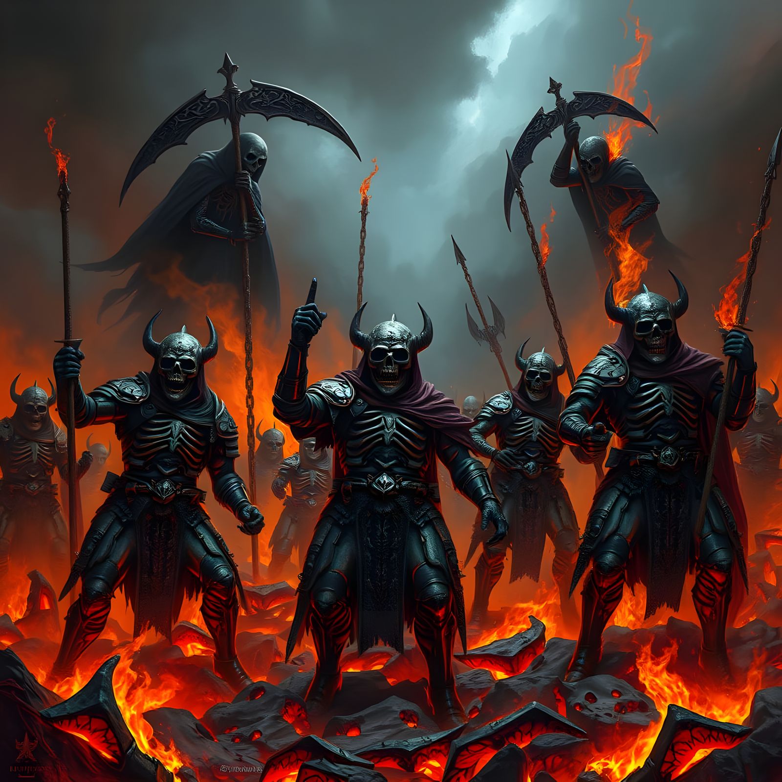 Skull-Faced Warriors Rise from Burning Battlefield