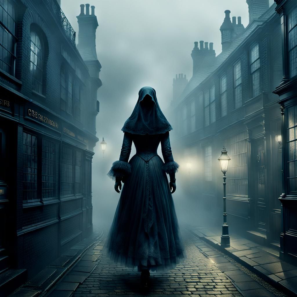 Victorian Ghost in Fog-Shrouded London Street