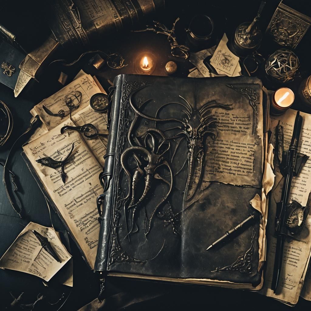 Dark Surrealism: Open Journal in Dimly Lit Study