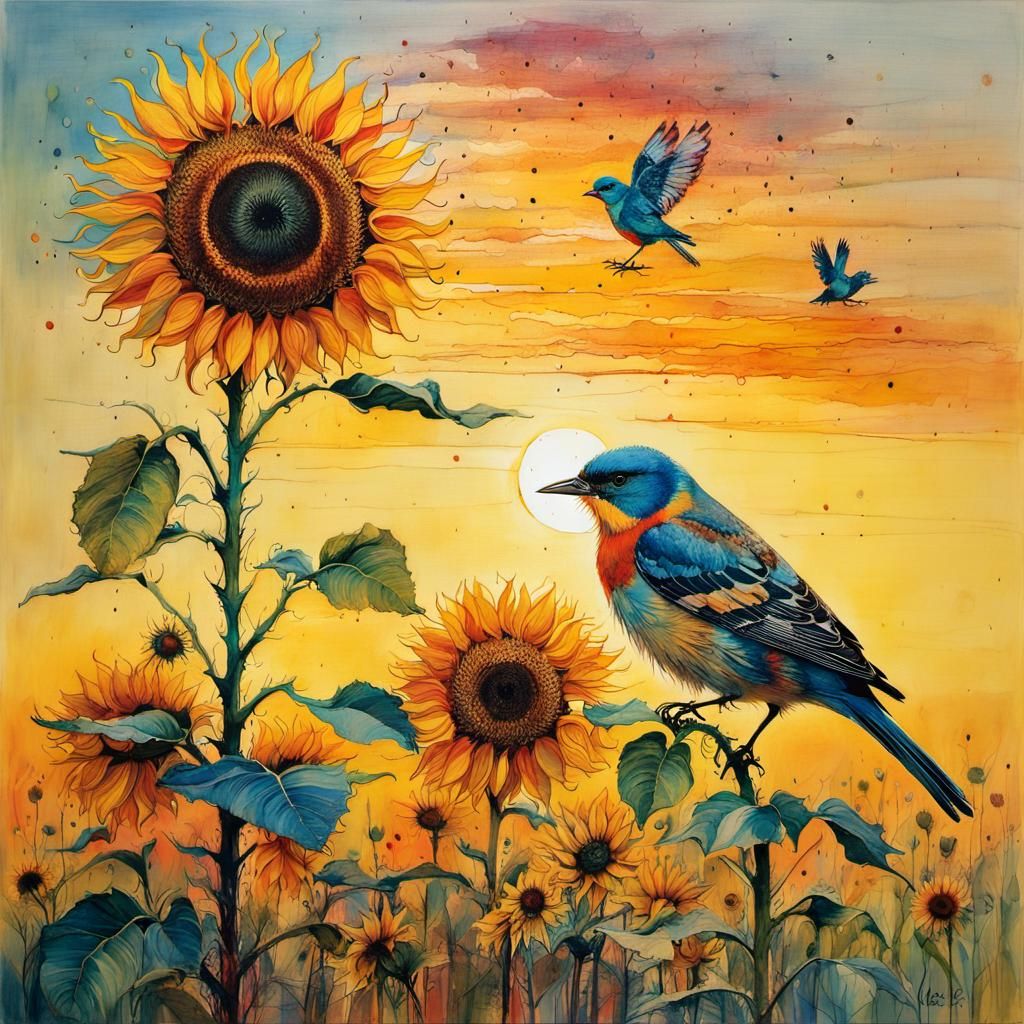 Sunflower and Bird at Sunset: Abstract Art
