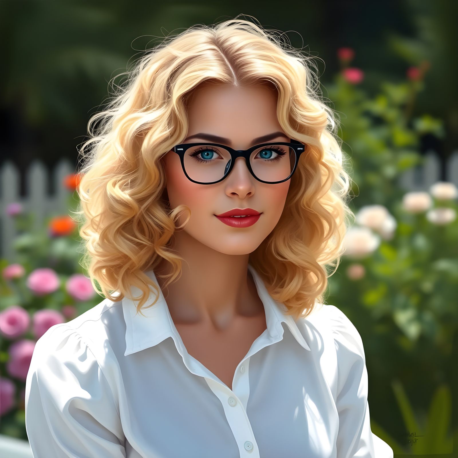 Elegant European Woman in a Garden Oasis