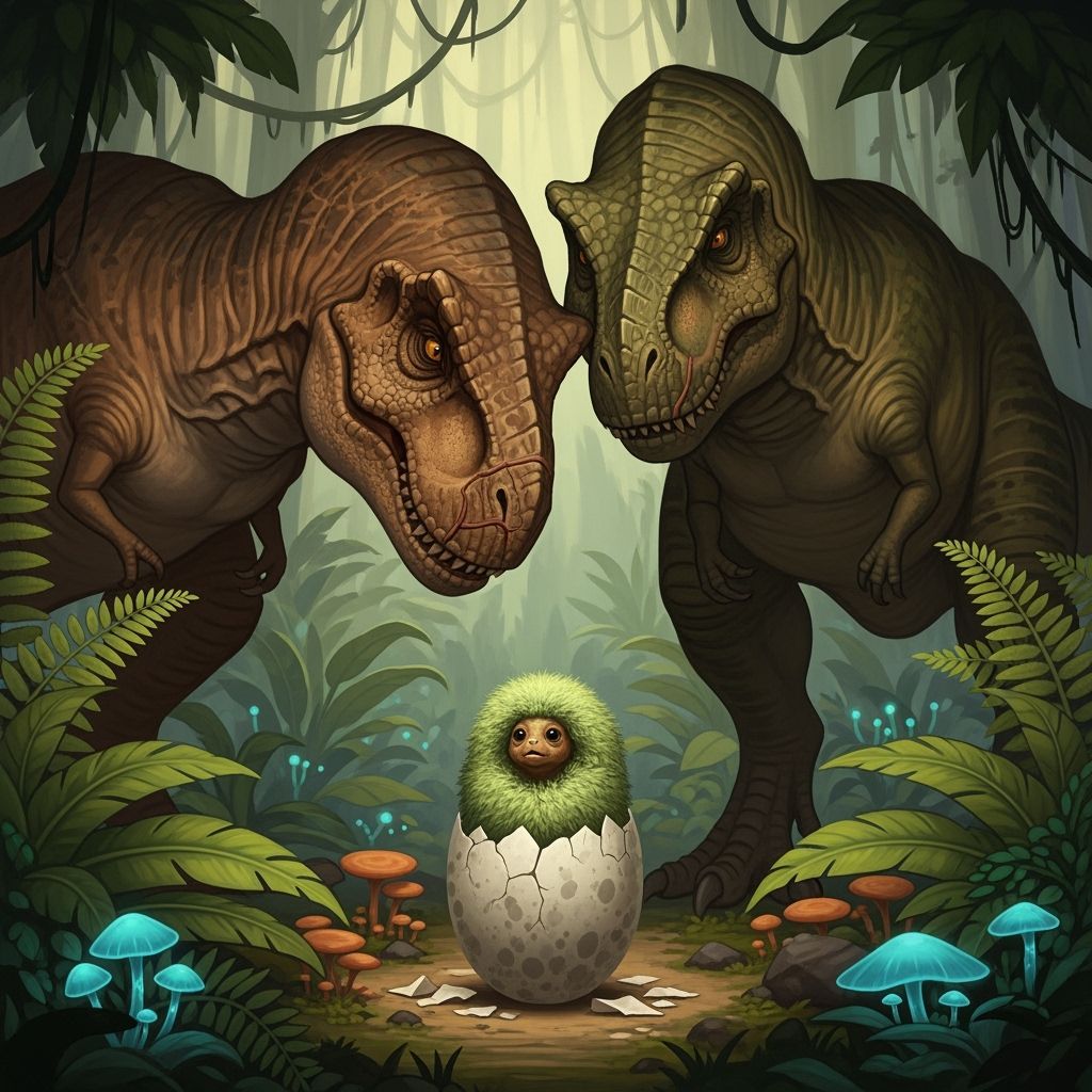 Baby T-Rex Hatching in Jungle, Earthy Tones