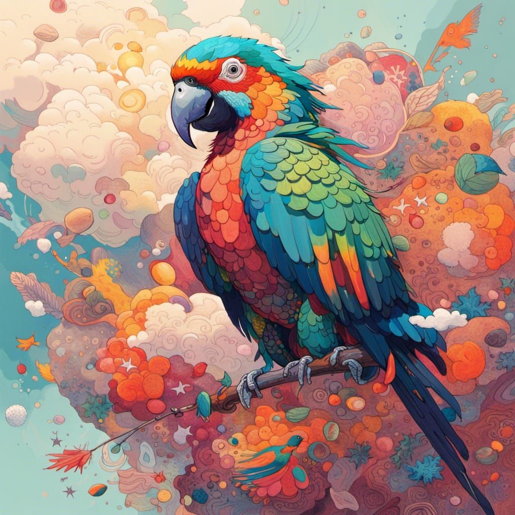 Iridescent Parrot Floating on a Cloud Illustration