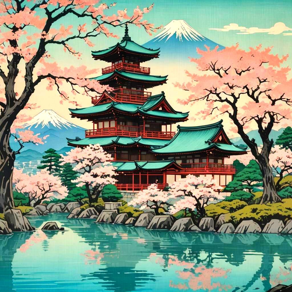 Samurai Troop near Temple in Ukiyo-e Style