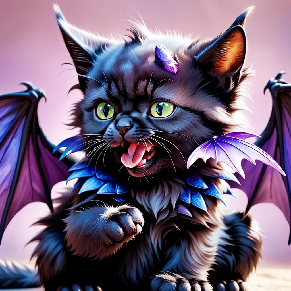 Fluffy Black Kitten with Dragon Wings Portrait