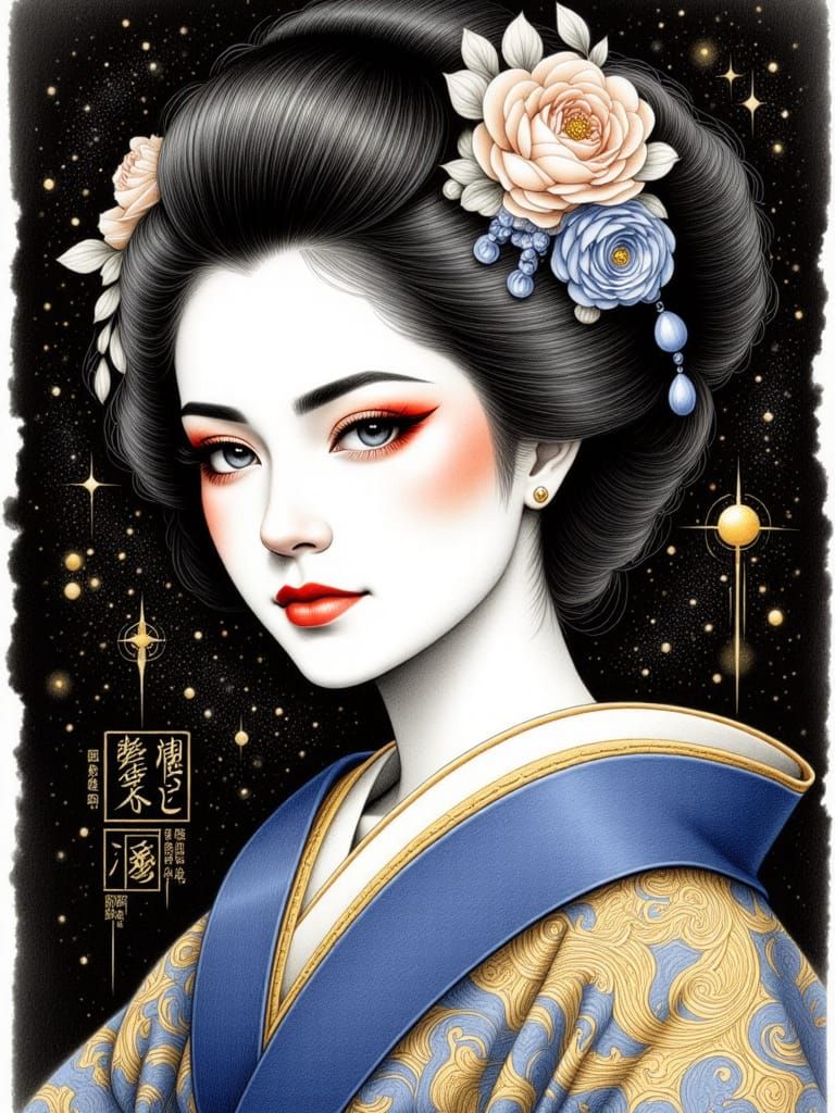 Serene Geisha in Traditional Komodo Attire, Watercolor Sketc...