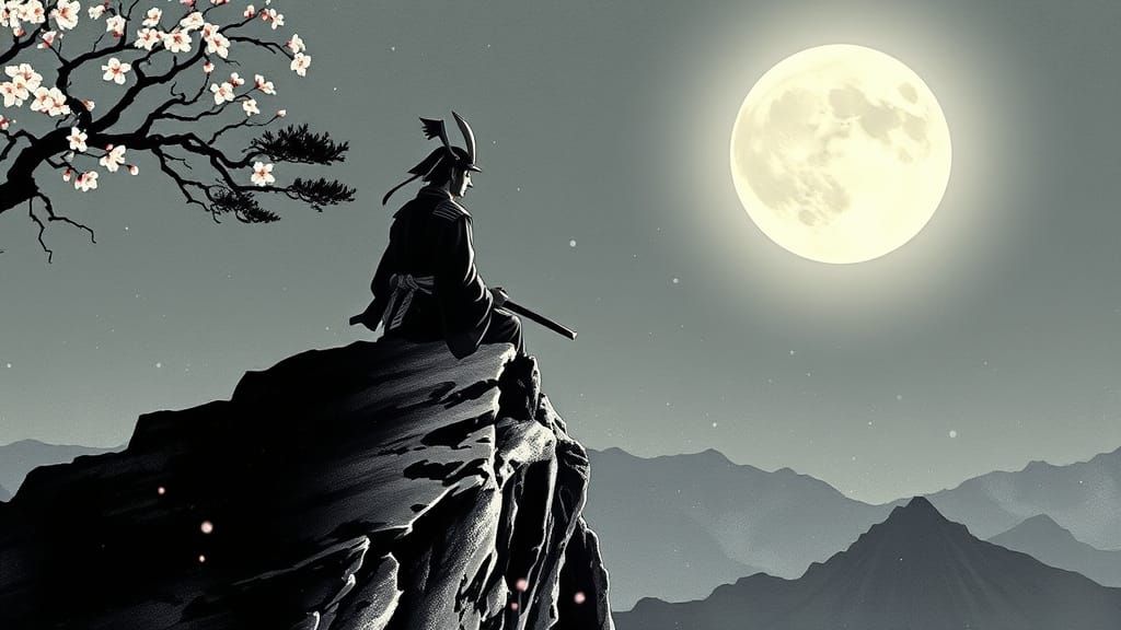 Samurai Meditating Under Moon in Sumi-e Style
