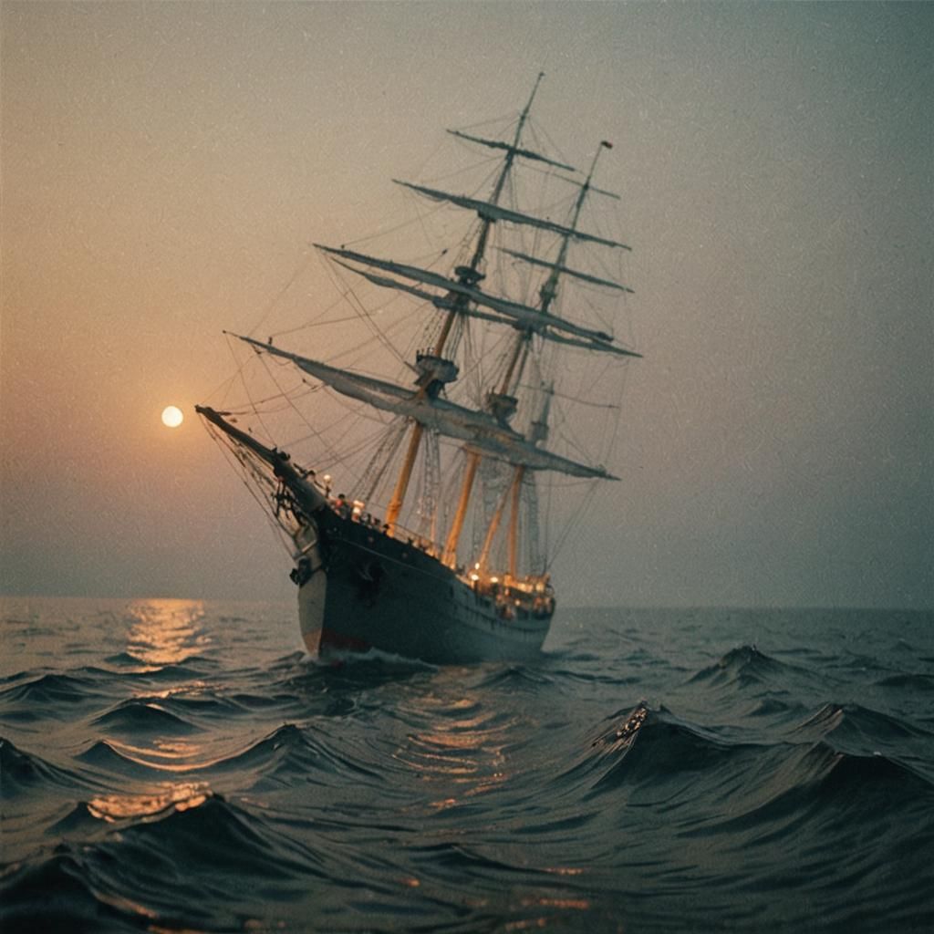 Ship at Midnight on Calm Sea