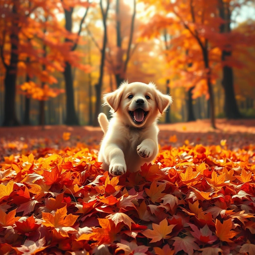 Golden Retriever Puppy Jumps Into Autumn Leaves