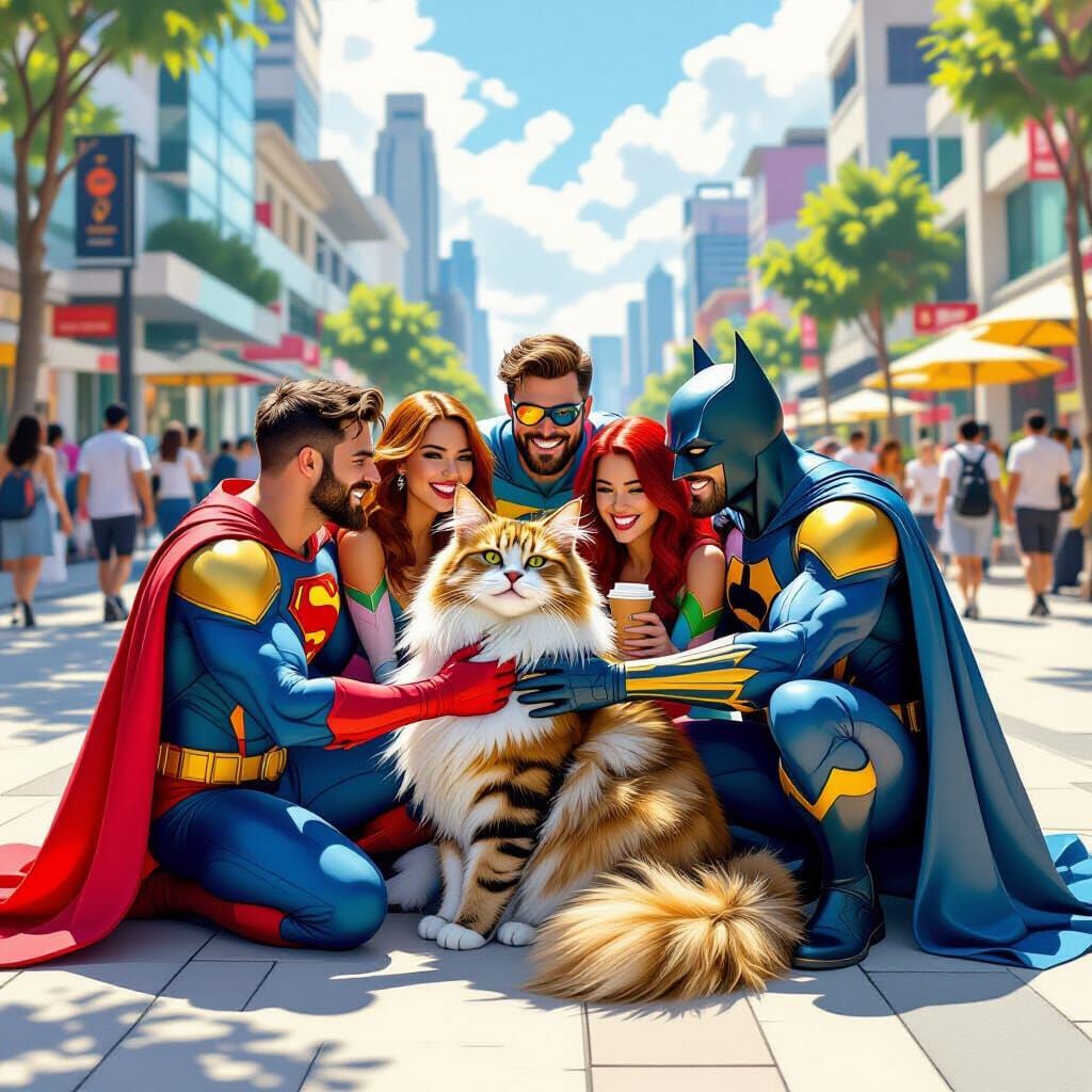 Superheroes Hug Maine Coon Cat at Marina Bay Sands