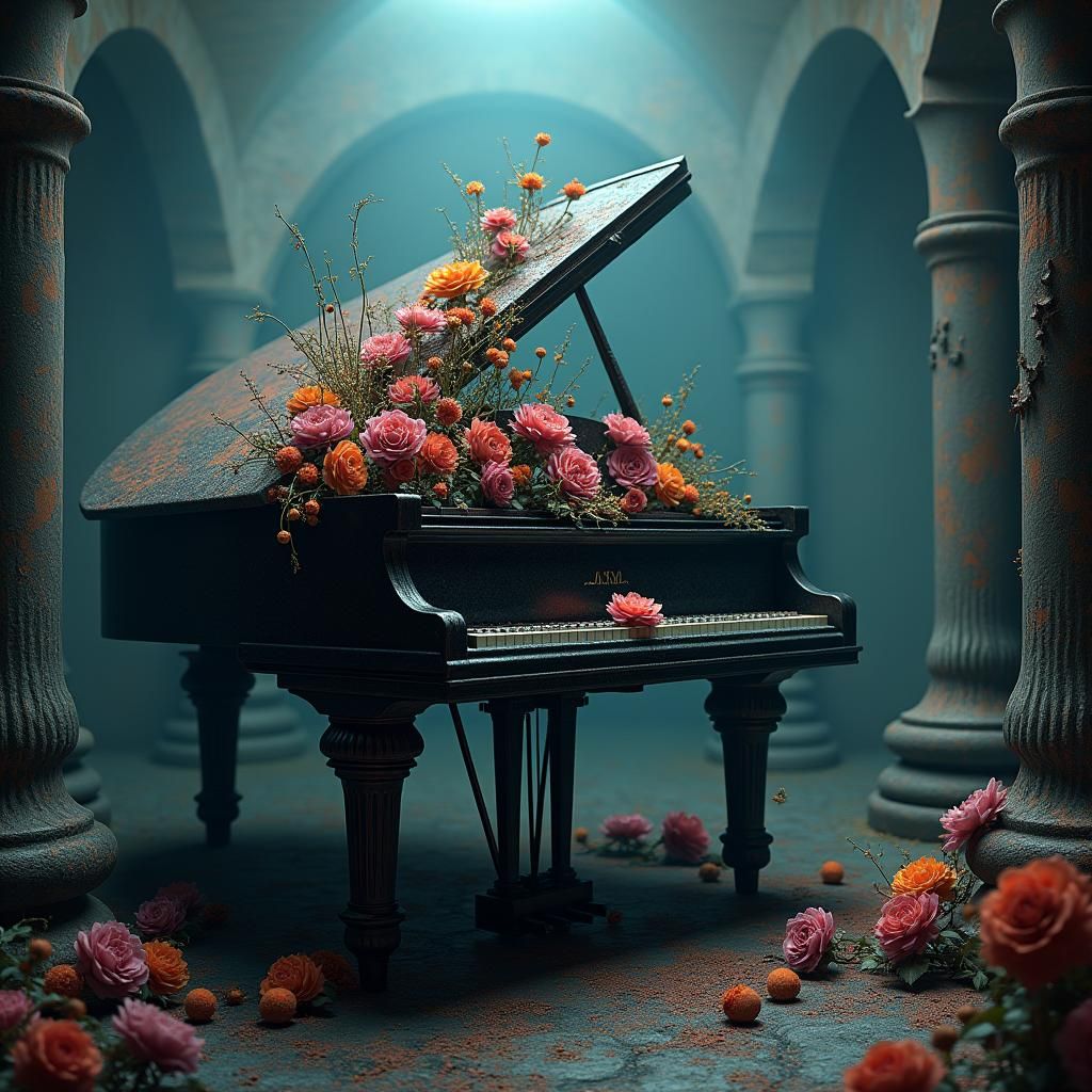 Surreal Black Piano Adorned with Flowers