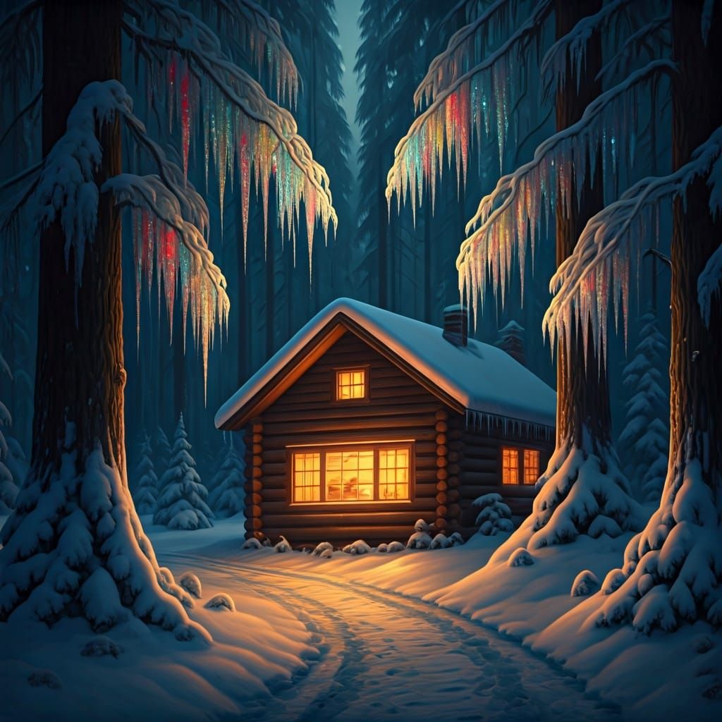 Enchanted Winter Forest at Twilight in Matte Painting Style