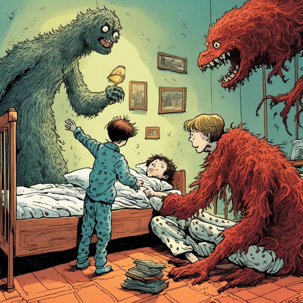 <lora:SybilThorn-LORA3:1.0> a little boy making friends with the monster under his bed