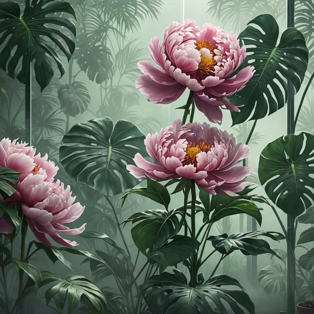 Peony and Monstera in Stencil Style Illustration