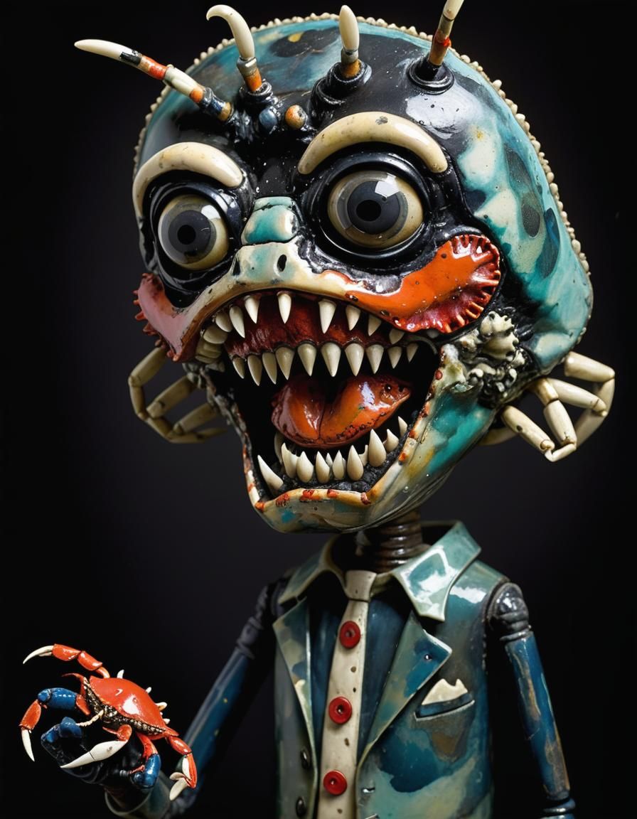 Encaustic Anthropomorphic Crab in Howard Finster Style