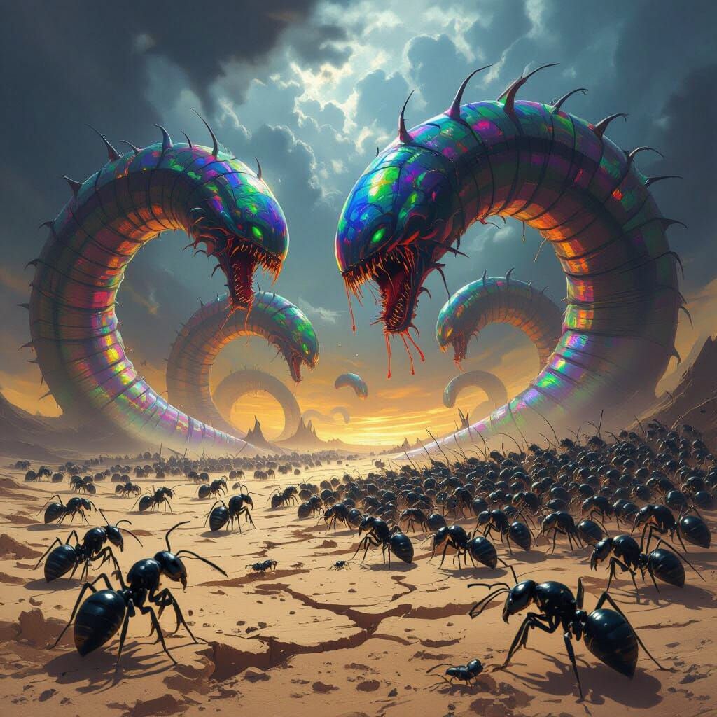 Colossal Sandworms Battle Ant Army in Dark Fantasy