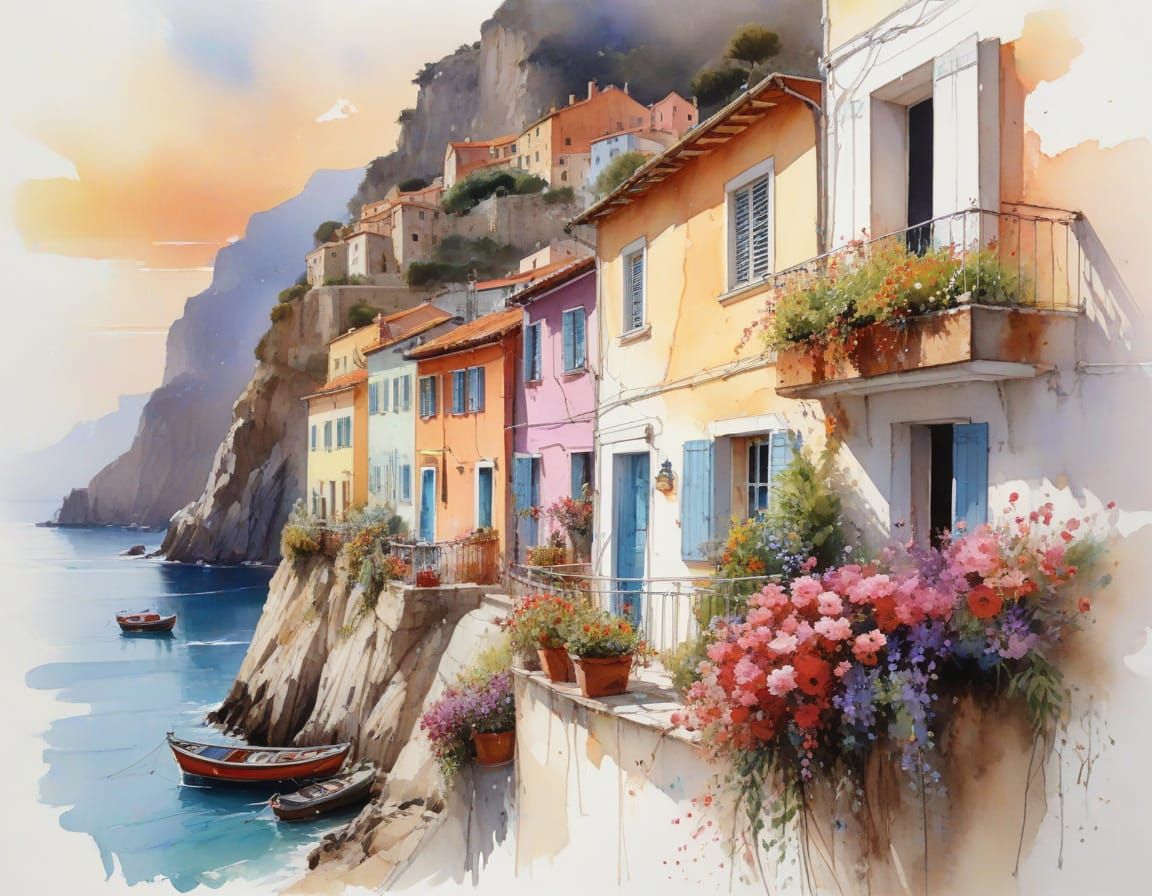 Colorful Cliffside Village at Sunset in Painterly Style
