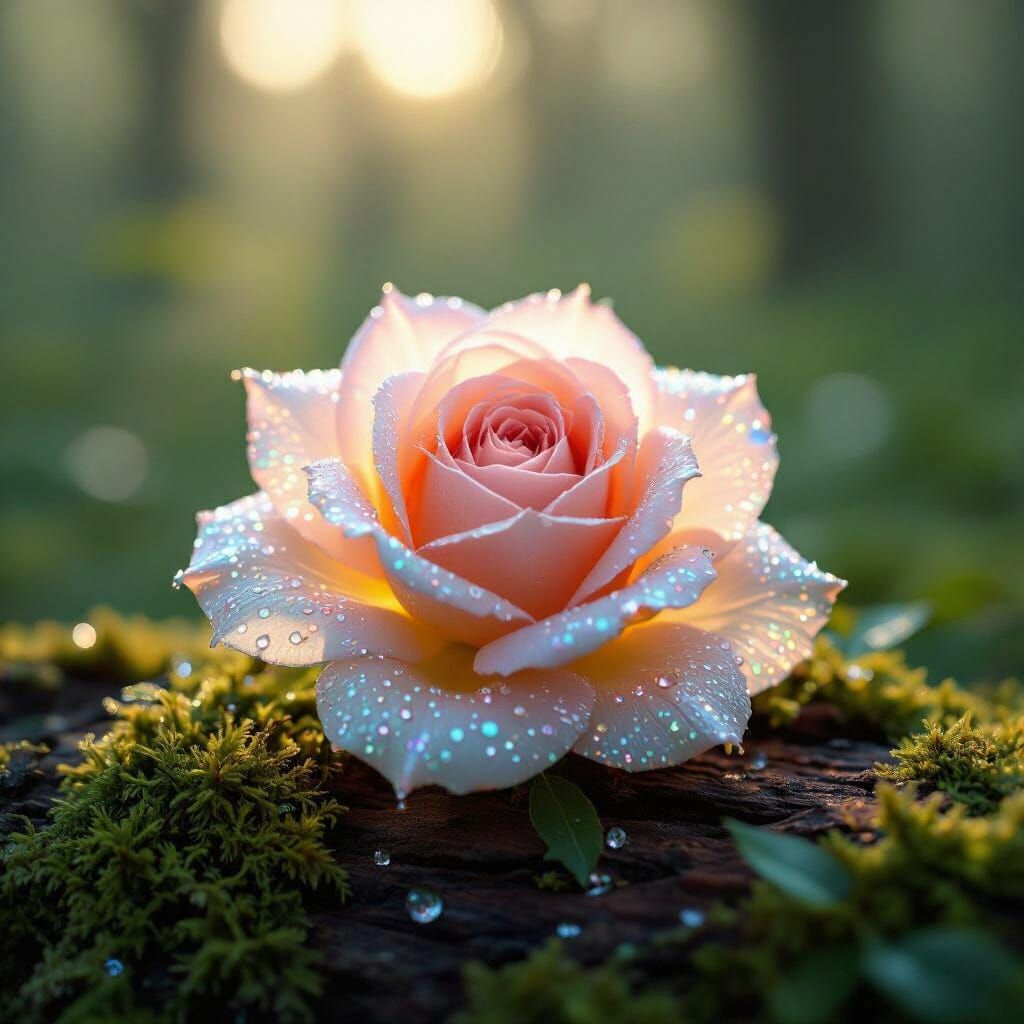 Glowing Spider Silk Rose on Mossy Log