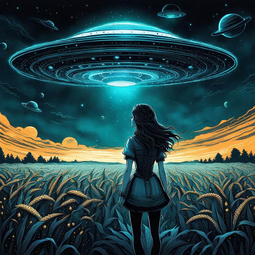 Girl and Flying Saucer in Steampunk Style