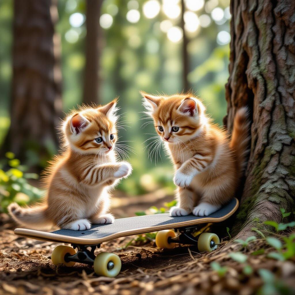 Kittens Ride Skateboard in Forest, One Falls