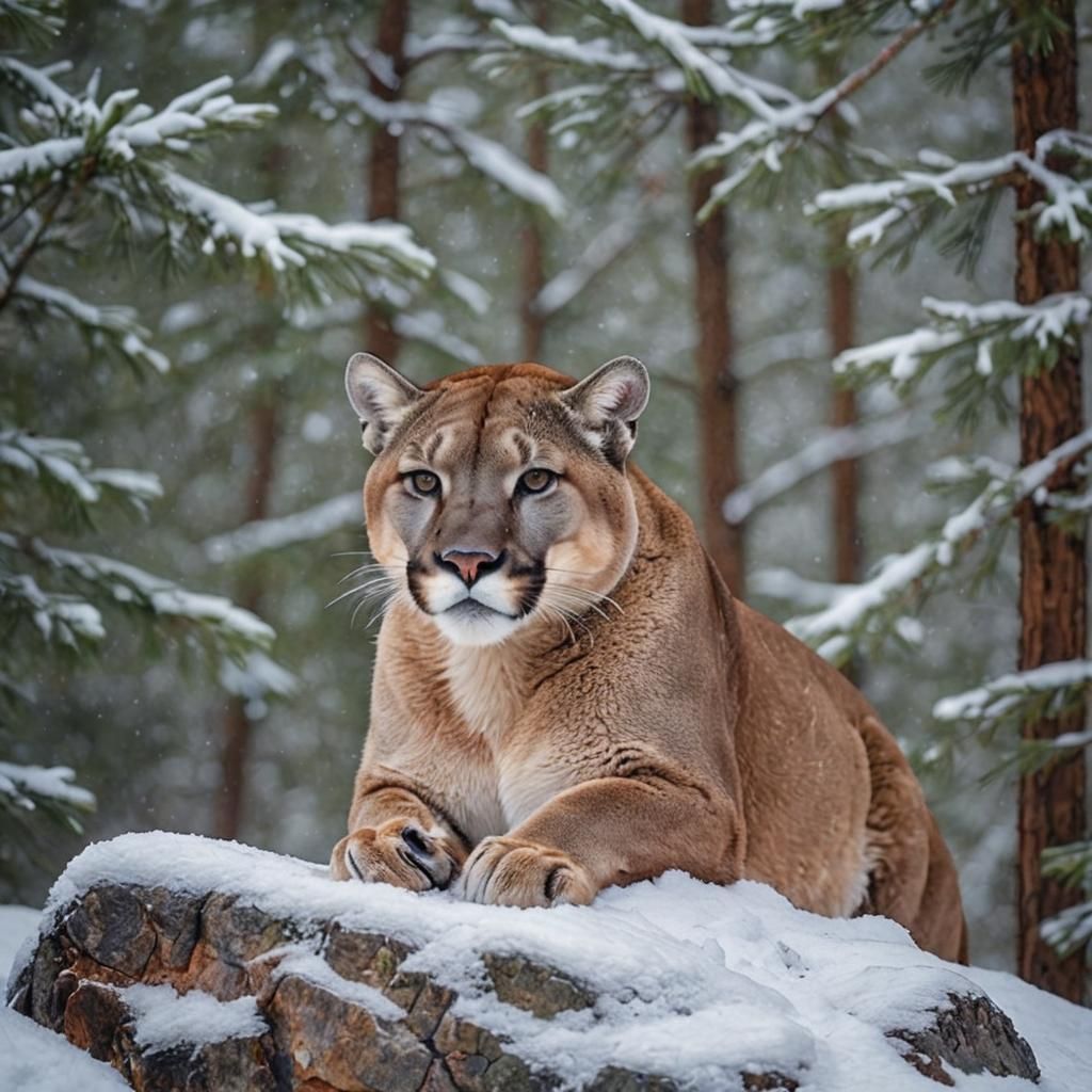 Mountain Lion in Winter Landscape, Wildlife Photography