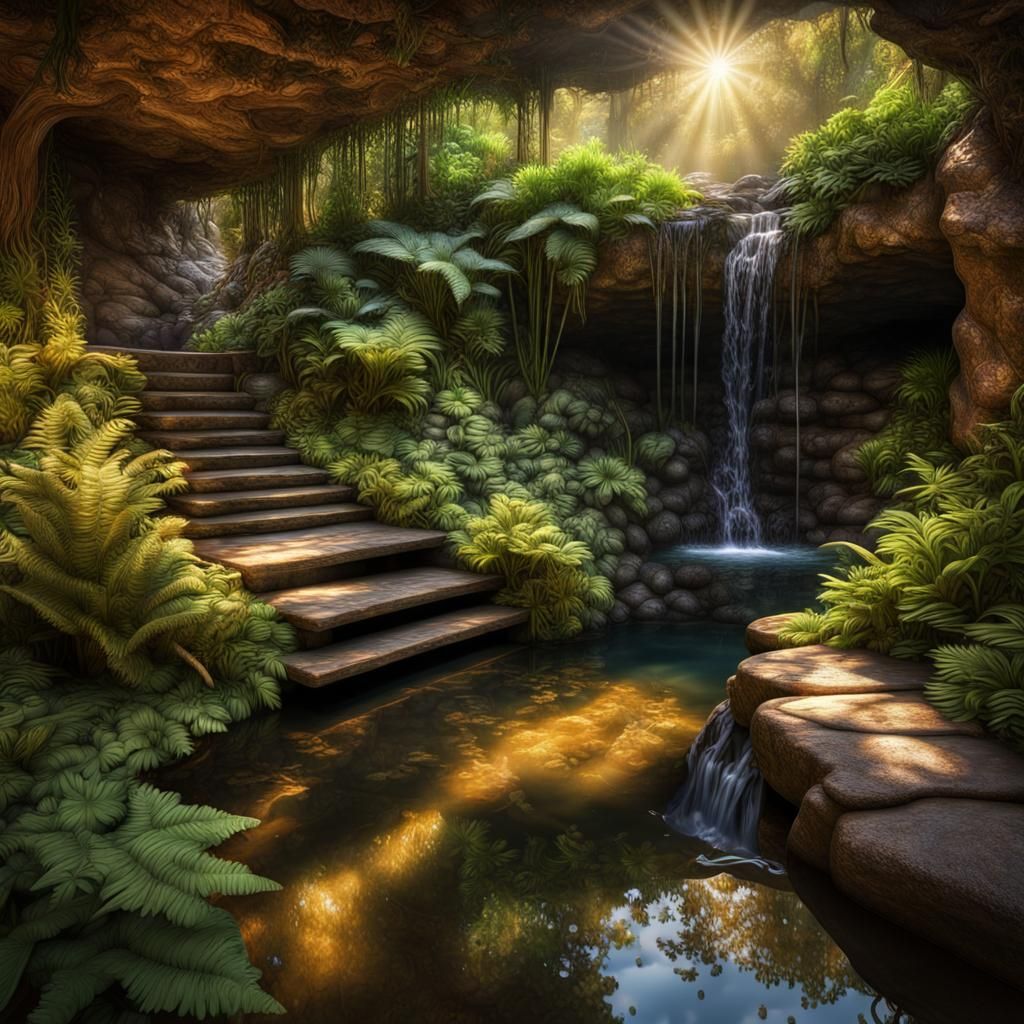 Golden Hour Grotto with Waterfall and Pool