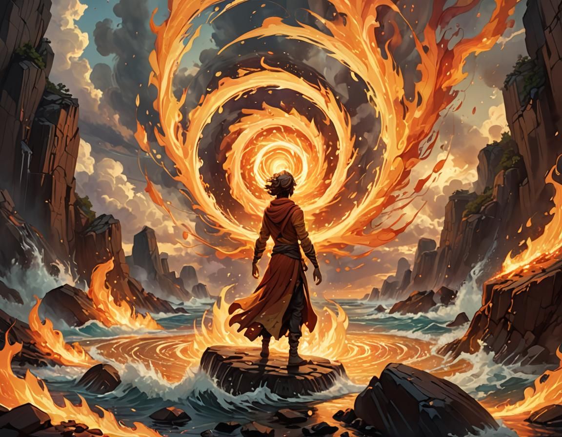 Surreal Elemental Masterpiece with Vibrant Flames and Swirli...