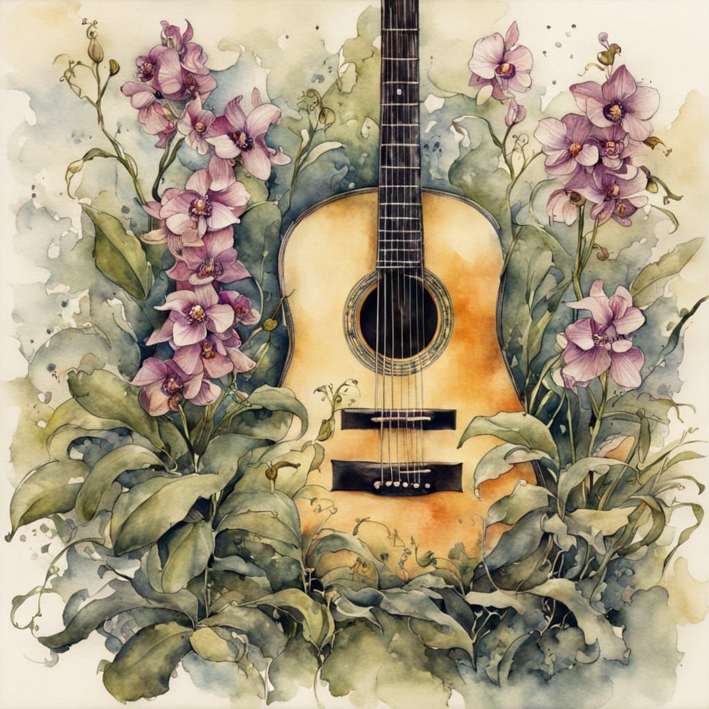 Orchids Overgrow a Guitar in Watercolour Style