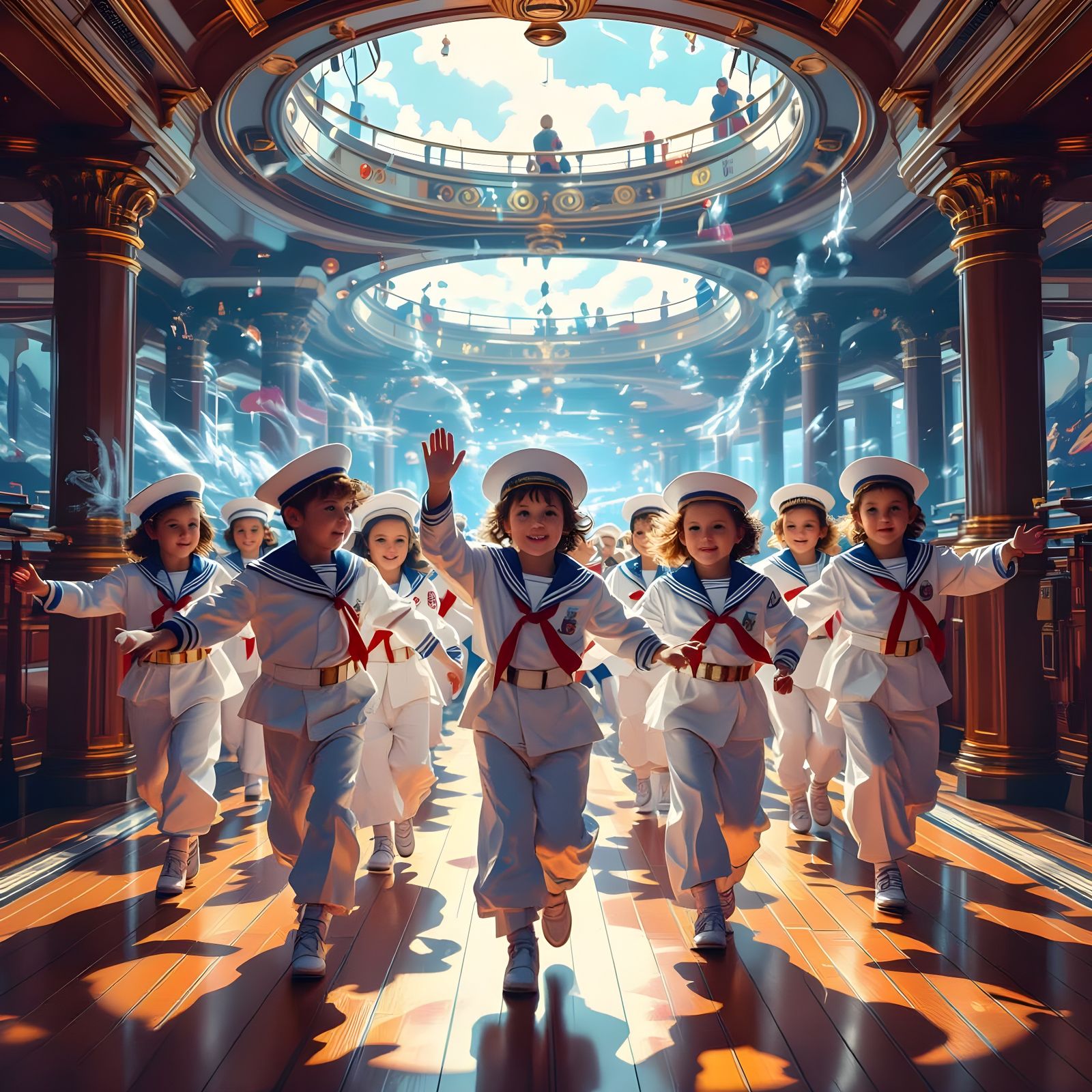 Children Sailors Dancing on Cruise Ship, Detailed Matte Pain...