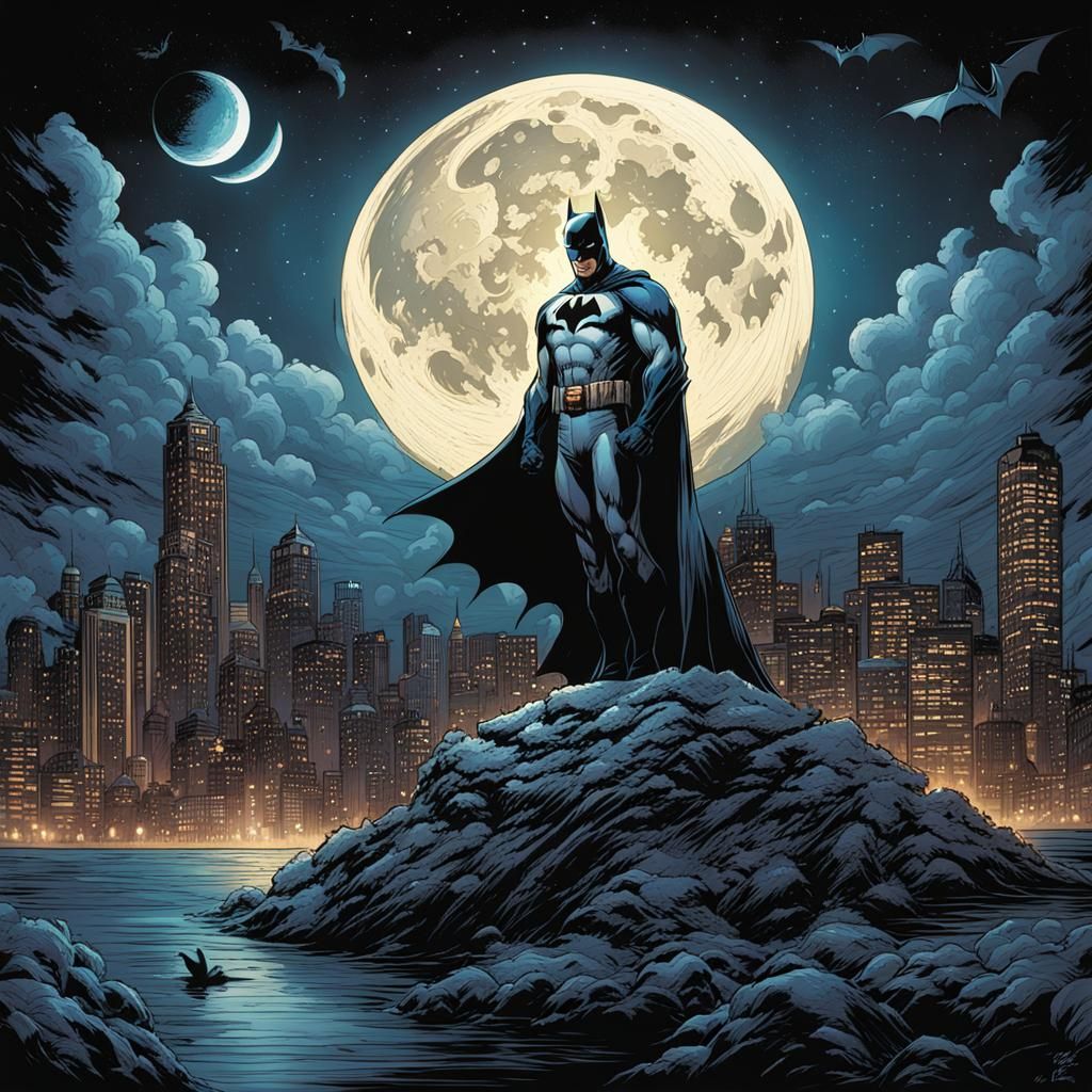 Batman and Moonlit Night Comic Art