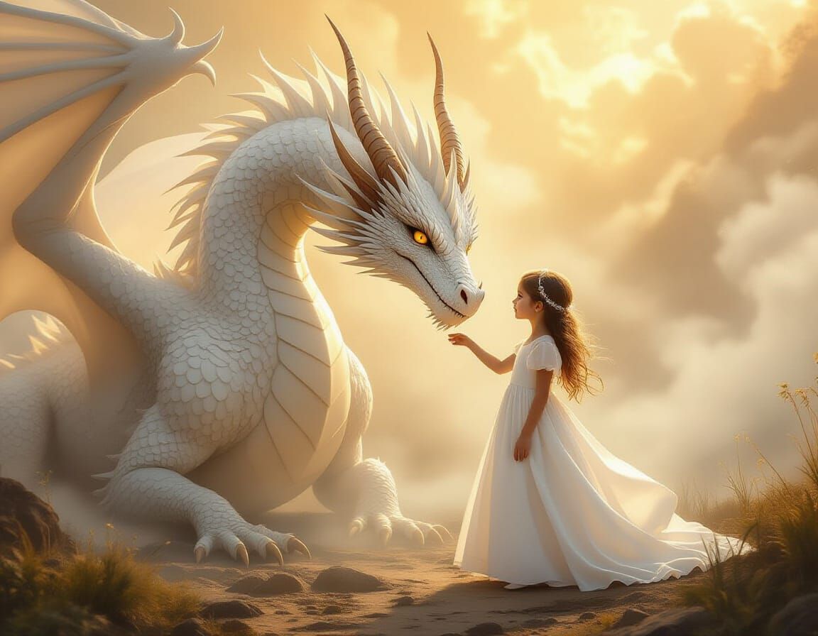 Girl and Dragon in Mystical Realism Style