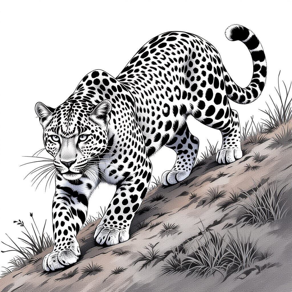 Realistic Leopard Stalking Downhill, Detailed Ink Illustrati...