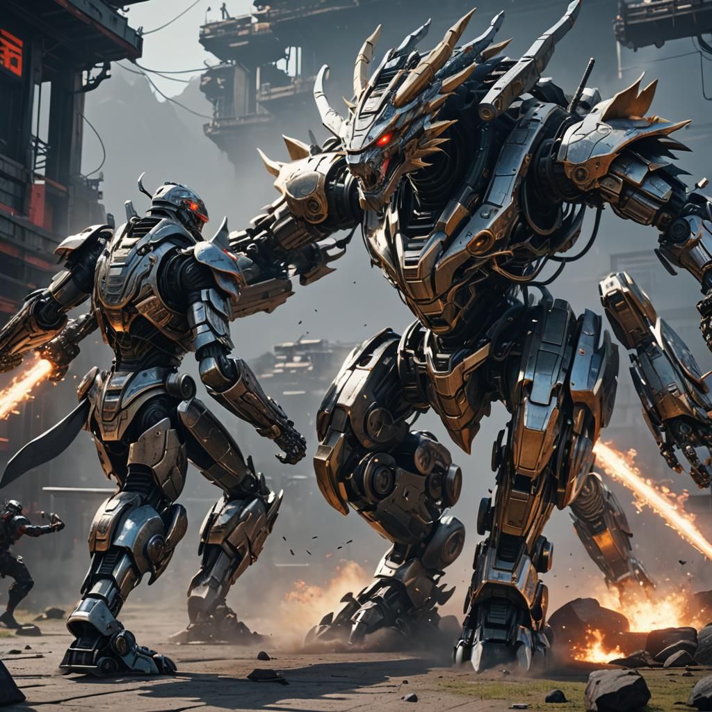 Epic Ninja Robot Dragon Fight in Sci-Fi Style