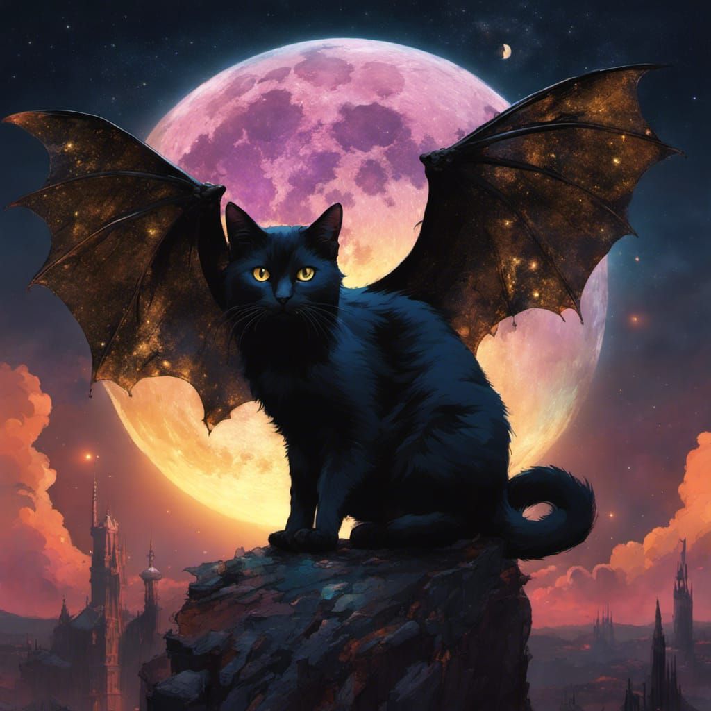 Cosmic Bat-Winged Cat in Maximalist Style