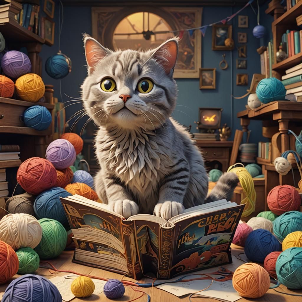 Cat and Yarn Pop-Up Book in Disney-Pixar Style