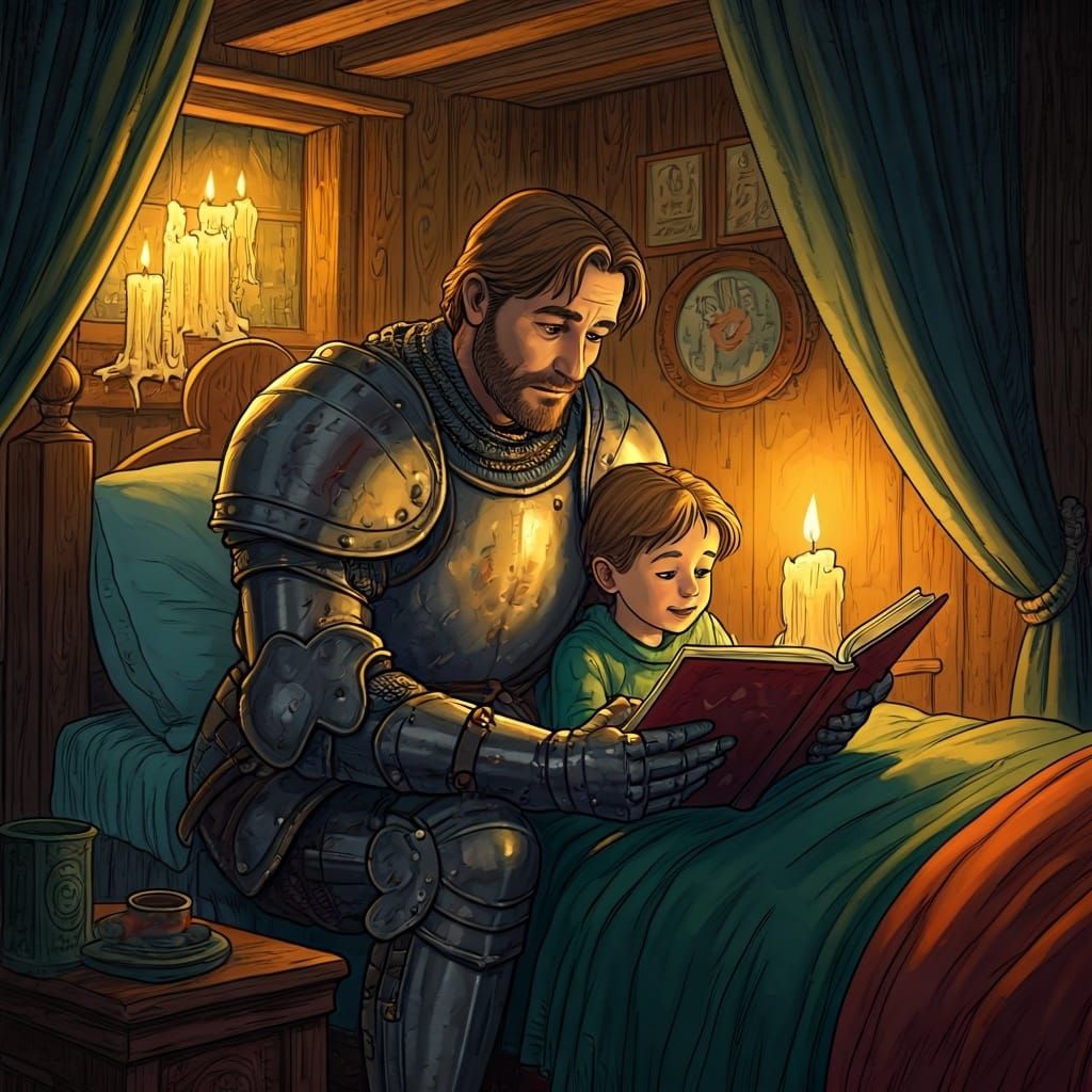 Knightly Dad's Bedtime Story: Painterly Illustration