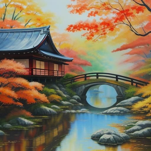 Japanese Autumn Impressionist Oil Painting in Gouache Style