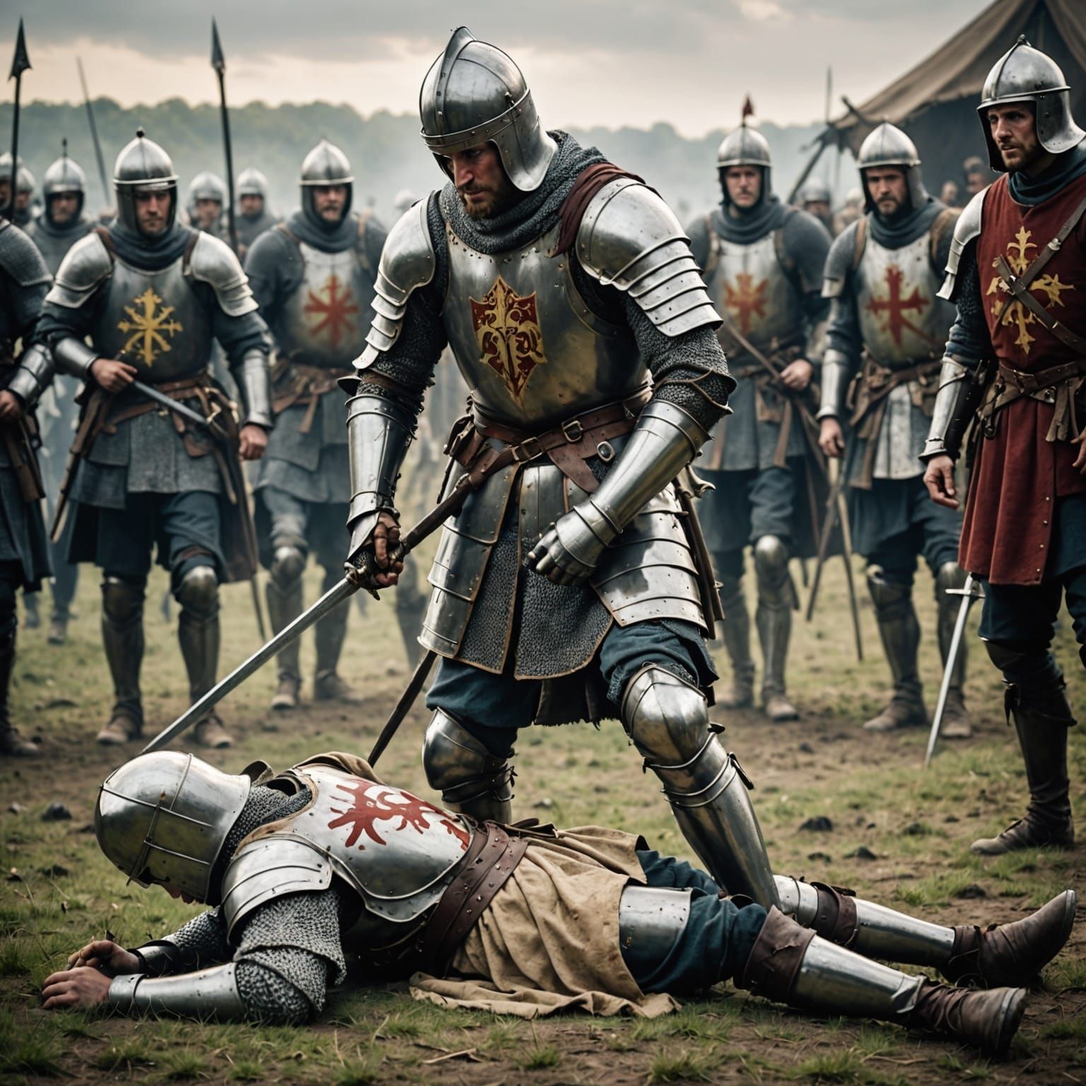 Knight Helps Boy on Battlefield After Battle