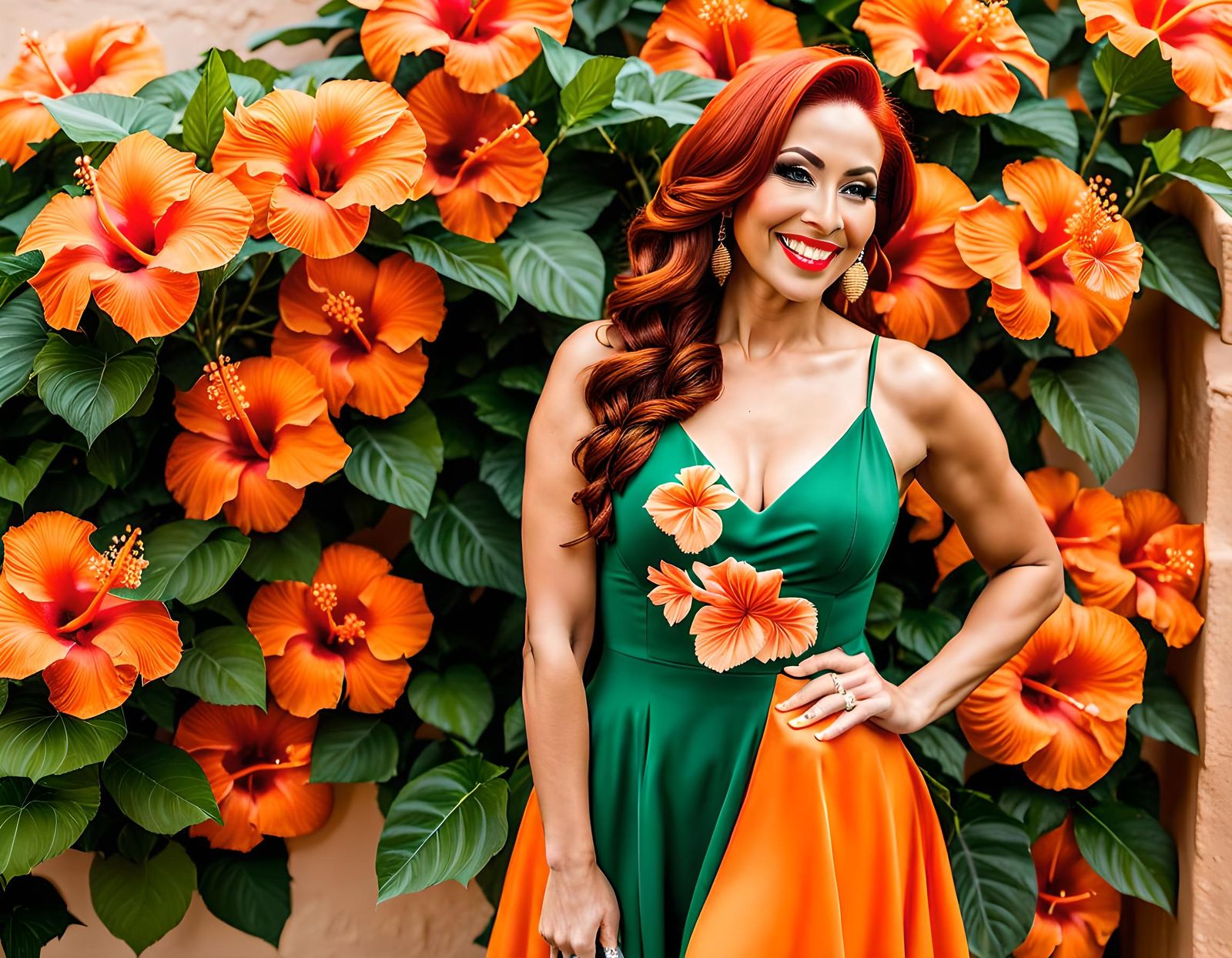 Latina Woman with Hibiscus Flowers in Courtyard