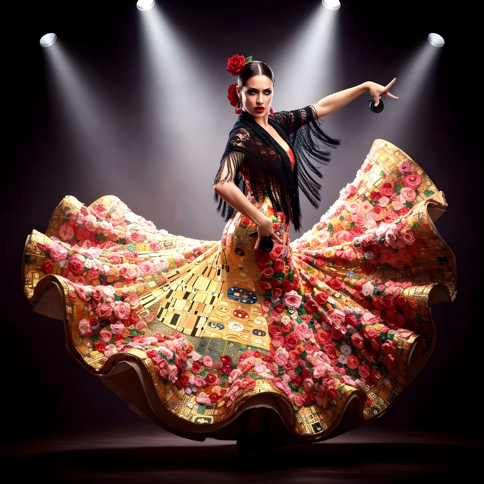 Flamenco Dancer in Rose Dress, Klimt-Inspired Art