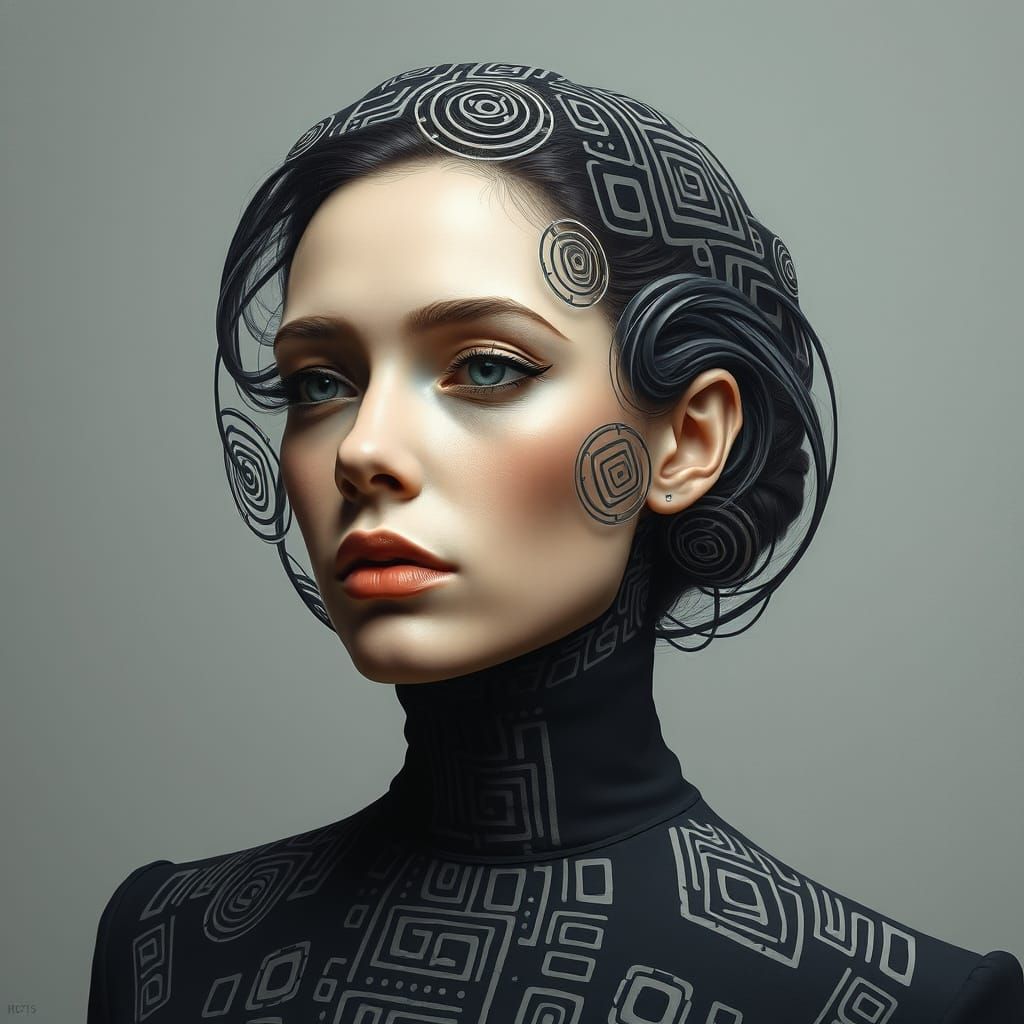 Surrealist Portrait with Intricate QR Code Patterns