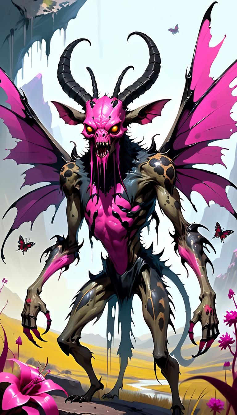 A grotesque humanoid creature, feline features morphed with tarantula-esque appendages, stands amidst a dreamlike, helli...