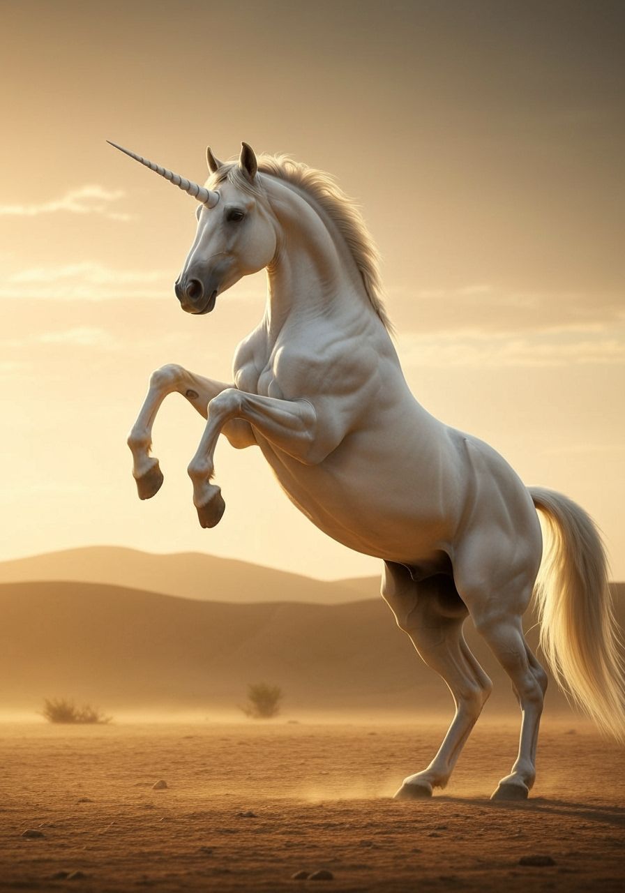 Majestic White Unicorn in Dramatic Desert Sunset